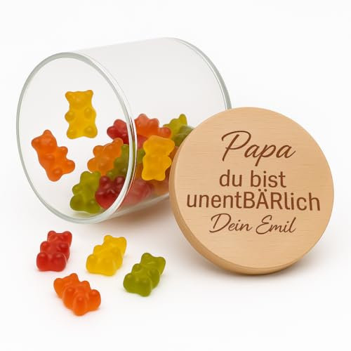 Happy Box® Personalisiertes Vorratsglas mit Gravur – Geschenk Papa – Vatertagsgeschenk – Glas mit Deckel – personalisiertes Glas – Papa Geschenk (Papa du bist UnentBÄRlich, mittel - 530ml)