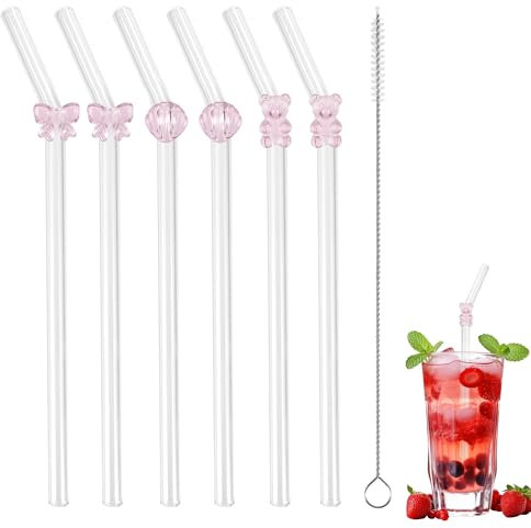6 PCS Glass Straws Reusable Bent Straws with Design, Coffee Straw with Cleaning Brushes, Drinking Straws with Charms for Juice Smoothies Cocktail Coffee Milkshakes Hot Drinks