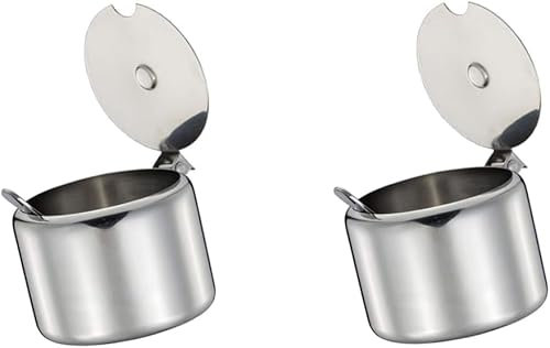 Pchnfei 2Pcs Stainless Steel Sugar Bowl Spice Pot Sugar Canister with Spoon - Silver, 285 ml Portable and Useful Economical easoning Jar for Home Kitchen Sugar Bowls