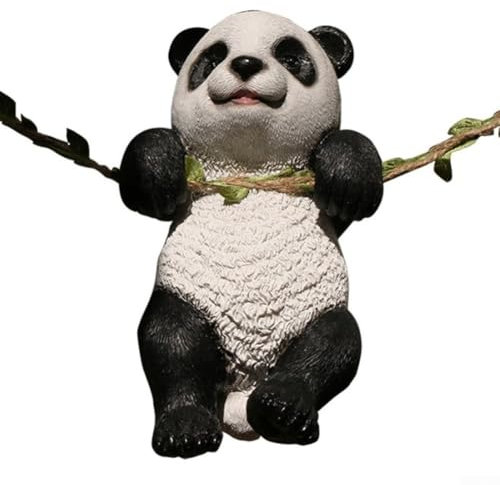 Gartenfigur Panda, aus Kunstharz, auf Schaukel, für eine lustige Gartenatmosphäre