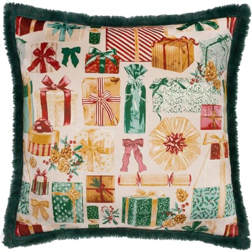 furn. All Wrapped Up Cushion Cover (Emerald - 50x50cm) | Festive Holiday Velvet Christmas Boxes Faux Fur Trim Decorative Case