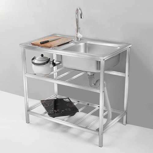 KCCRHIN Éviers Inoxydable De Cuisine, Évier INOX 1 Bac avec Plan De Travail Et Étagères Évier Commercial pour Restaurant, Bar, Buanderie, Garage, Lavabo Vertical pour Extérieur,100x50x76cm
