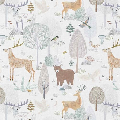 Tissu Popeline de Coton Foret de Brocéliande sur fond Blanc - Par 50 cm