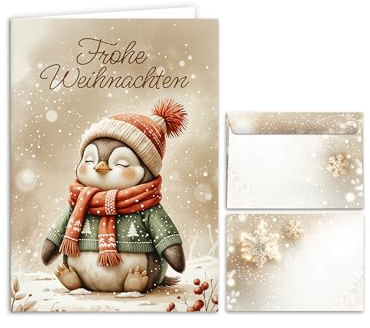 Weihnachtskarte mit Umschlag – Klappkarte DIN A6 „Frohe Weihnachten“ hochwertige Weihnachtsgrußkarten Pinguin Weihnachten-Motiv – Christmas Cards
