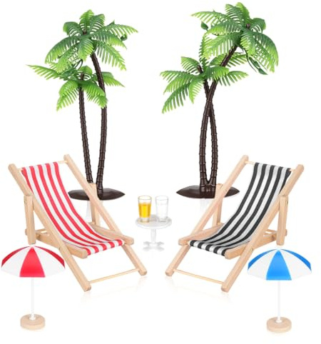 Veemoon 9 STK Miniatur Strand Set Puppenhaus Zubehoer Deko Strandlandschaft | Sonnenschirm Liegestuehle Palmen Garten Maritime Sommer Geschenke Gutschein Basteln