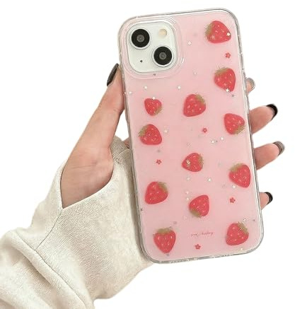 Reownest Case for iPhone 15 with Cute Pink Glitter Strawberry Aesthetic Kawaii Girly Design Cover, Soft TPU Bumper Protective Phone Cases for Women Girls -Pink