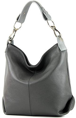 modamoda de T168 Damen Leder Schultertasche Henkeltasche Medium handmade in Italy, Farbe:Dunkelgrau/Grau