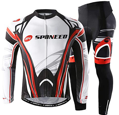 Winter-Fahrradbekleidungs-Set für Herren, Fahrradtrikot, Hose, gepolstert, MTB, Rennrad, Größe S, Rot / Weiß