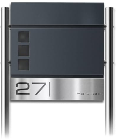 Metzler Standbriefkasten mit Edelstahl-Namensschild Oltmann - Design Briefkasten inkl. Zeitungsfach & Gravur - Briefkasten mit Fenster - Postkasten, Größe: 37 x 37 x 10,5 cm - Höhe 120 cm