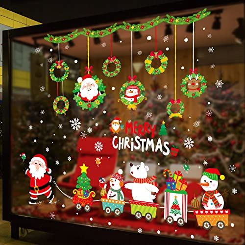 Hianjoo Pegatinas Navideñas, 4 Hojas Pegatinas Decorativas de Pared para Escaparates, Extraíbles, Adorable Papá Noel, Nieve, Trenes, árbol de Navidad Coloridas Pegatinas Electrostáticas de PVC