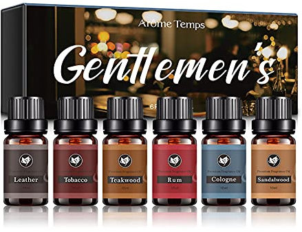 Ätherische Öle,6x10ML Gentleman's Essential Oils Set Weihnachtsgeschenke Für Männer Reine Ätherische Öle Kit Für Diffusor Luftbefeuchter-Leder,Teakholz,Rum,Köln,Sandelholz,Süße Tabak-Aromatherapieöle
