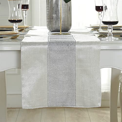 SWECOMZE Hochwertiger Tischläufer mit Diamant, Luxus Tischtuch Tischdecke für Partys, Abendessen, Feiertage, Küche, Thanksgiving, Weihnachten (Creme Farben,32 * 210CM)
