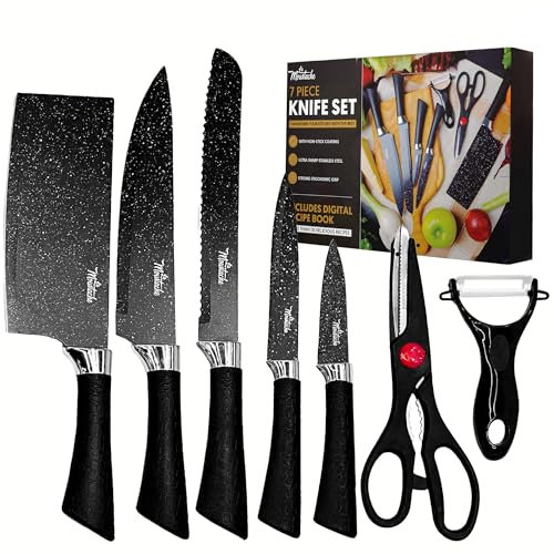 La Moustache - Juego de Cuchillos de Cocina, Tijeras y Pelador de Verduras, 7 Piezas de Chef, Antiadherentes, Inoxidables y Esmaltadas, Mango Ergonómico, Resistentes al Desgaste (Mármol)