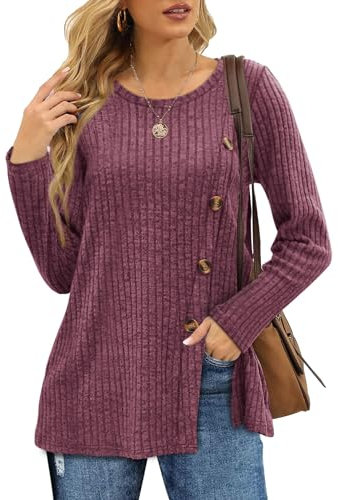 Aokosor Womens Long Sleeve Tops Ladies Lightweight Jumpers Button Front Slit Tunic Fuchsia Size 14-16