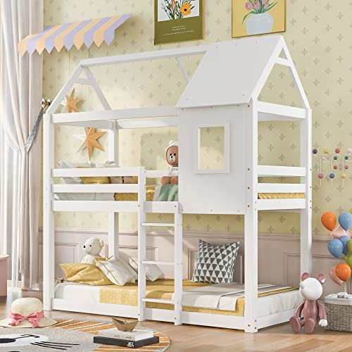 HESHU High Sleeper Bunk Bed with Treehouse, Solid Pine Wood Kids Loft Bed Frame, 90x190 cm Twin Sleeper Kids Cabin Bed, Single Bed Frame with Ladder, No Mattress, 3ft