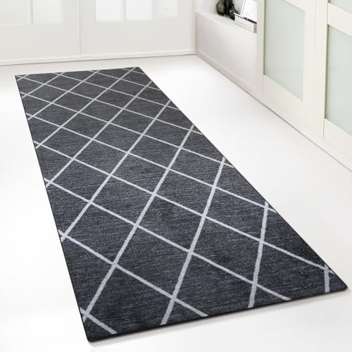 Floordirekt Teppichläufer mit Muster - maßgefertigter Feinschlingen Teppich Läufer für Küche, Flur & Wohnraum - Ornament Vintage Orient Gitter (80 x 450 cm, Cosenza Schwarz)