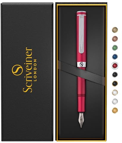 Scriveiner Luxus EDC Füllfederhalter (Fein), Mattrot Taschenfüller, verchromt, deutsche Schmidt Mine, Konverter, Schreibgeräte-Geschenkset für Mann und Frau, schicker Designerstift fürs Büro