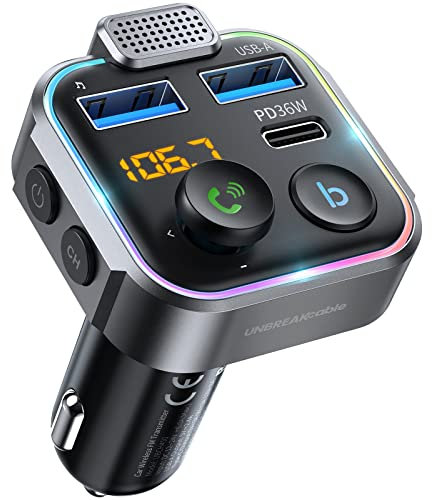 UNBREAKcable Transmetteur FM Bluetooth 5.0 pour Voiture, Chargeur Allume-Cigare QC 3.0 + PD 20 W Type-C, Lecteur USB Radio FM sans Fil avec Fonction Basses, Kit Mains Libres, Compatible Clés USB -Gris