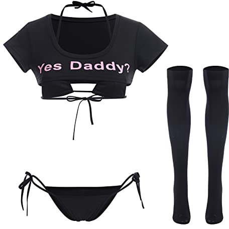 IBTOM CASTLE Yes Daddy Lingerie for Women, Women's Rave Outfit Short Sleeve Crop Tops Funny Cotton T-Shirts Cami Yes Daddy Bedroom Lingerie Babydoll Cosplay Costume Black One Size