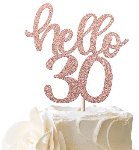 SYKYCTCY 1 Pack Hello 30 Cake Topper Glitter Number 30 Birthday Cake Pick Thirty Years Old Cheers to 30 Cake Decorations for 30th Birthday Wedding Anniversary Party Supplies Rosegold