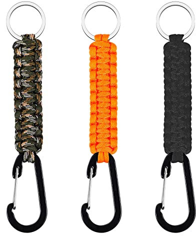 3 Pièces Paracord Porte-clés, Mousqueton avec Corde Tressée Mousqueton Porte Clé pour Survie Camping Randonnée (Noir et Orange et Camouflage)