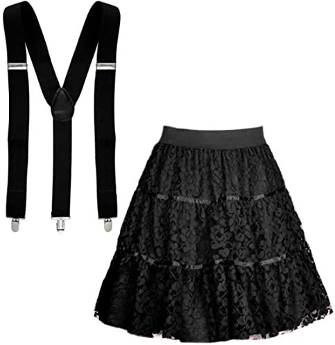 Set Tüllrock aus Spitze & Hosenträger Damen | Kostüm Spitzenrock Fasching Karneval | DIY Verkleidung Basic Tutu Rock (schwarz)