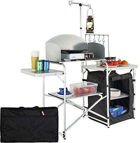 VEVOR Mesa de Cocina para Camping Plegable para Exteriores con Bolsa de Transporte, Estación de Cocina de Aluminio, 1 Armario y Parabrisas Desmontable, Montaje Rápido para Pícnics, Barbacoas, Negro