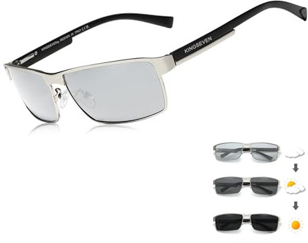 KINGSEVEN Mode Photochrome Sonnenbrille Männer Frauen Polarisierte Piloten-Sonnenbrille Quadratische Blendschutz-Fahrbrille UV400 (Silber Photochromie)
