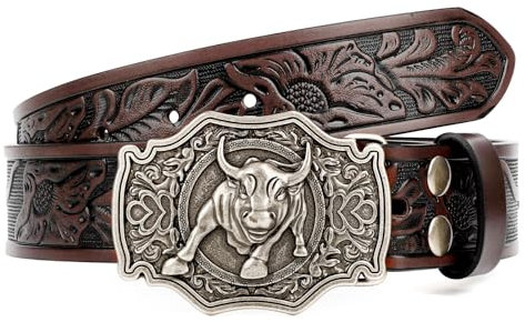 JASGOOD Western-Lederschnallengürtel für Männer und Frauen, florale Gravur, Cowboy-Gürtel, Longhorn-Bullschnalle, Taillengürtel für Jeans, Hosen, D-Kaffee, XXL:Fit Waist Size 49-53