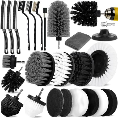 POWZOO 24 Pièces Brosse Perceuse,Multifonctionnel Brosse pour Perceuse,Outil de Brosse de Nettoyage Perceuse Électrique Kit,Brosse Nettoyage pour Salle de Bain,Cuisine,Baignoire,Carreaux et Voiture.
