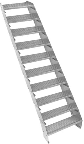 Verzinkter Stahl Treppe 10 Stufen | Erweiterbar mit zusätzlicher Gitterrost-Stufen & Höhenverstellbar | Wetterfest, Robust & Modular | für Außen Garten Terrasse | GRATIS Befestigungssatz [60cm breit]