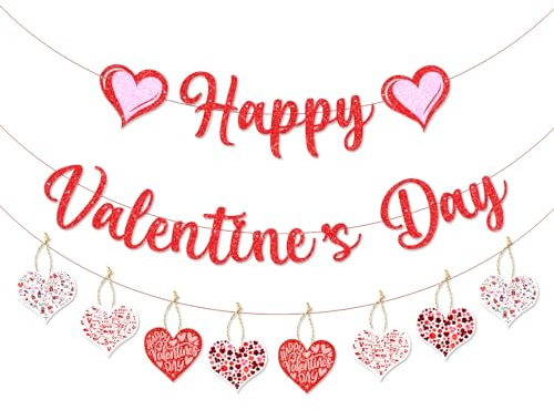 DONCIDAY Banner Happy Valentines Day, rote glitzernde Papiertag-Dekorationen, Filz-Girlande, Herz, Foto-Requisiten für Zuhause, Party-Dekoration
