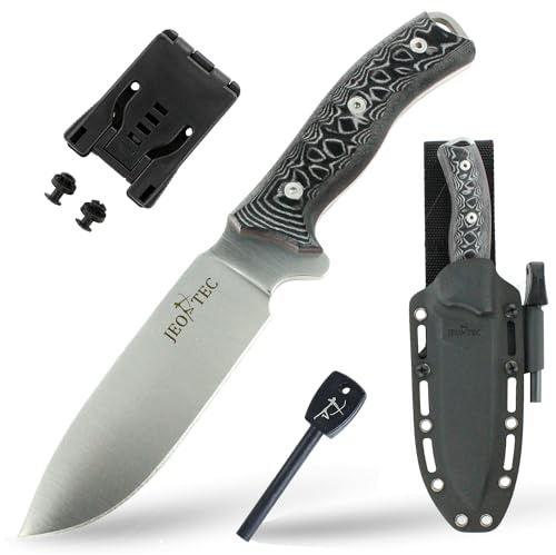 JEO-TEC Nº7 Outdoor Camping Jagdmesser Überlebensmesser Survival Bushcraft Messer Feststehende Klinge 12cm, Deutsche Stahl BÖHLER N690C, Scheide + Feuerstahl