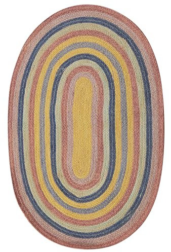 Beliani Teppich Jute bunt oval 70x100 cm Streifenmuster Kurzflor handgewebt Boho Perewi