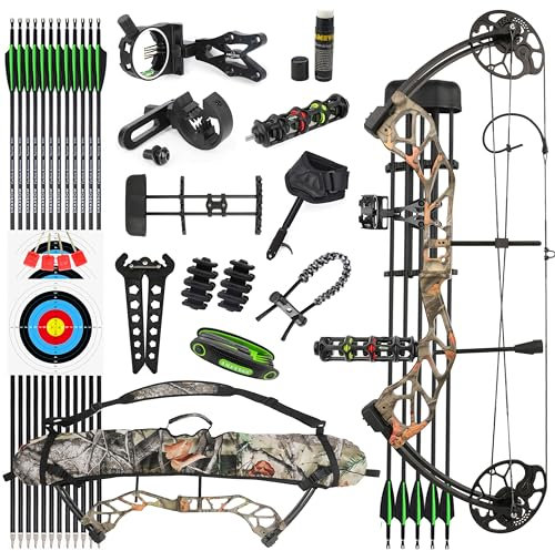 SHARROW Bogenschießen Set Compound Bogen und Pfeile Set 19lbs-70lbs Einstellbare Erwachsene Jagd Compoundbogenset 320FPS mit allem Zubehör für Outdoor-Schießen (Wald Camo)