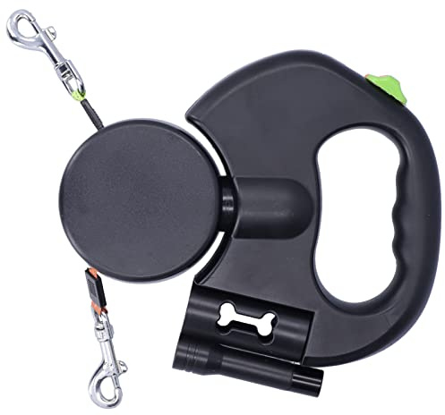 Ausziehbare Hundeleine, doppelt einziehbar, 2 Hunde | Doppelleine für Zwei Hunde, Automatischer Rückzug, Beutelspender, Taschenlampe, Spaziergänge, Haustierbedarf