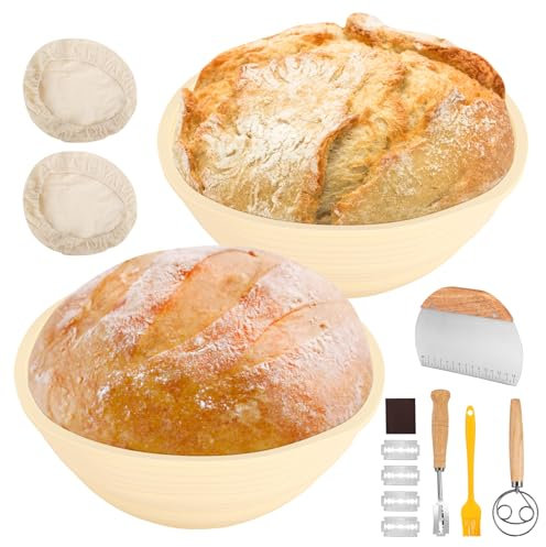 Bread Proofing Basket Set, 2Pack 9'' Silicone Banneton Rising Dough Baking Bowl, Reusable Sourdough Basket with Cloth Liner, Dough Scraper, Bread Lame, Artisan Bread Making for Professional/Home Baker