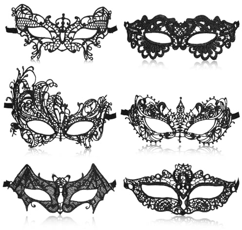 Andibro 6 Stück Venezianische Maske Spitze Damen, Schwarz Sexy Damen Lace Augenmaske Gothic Maskerade Gesichtsmasken für Karneval Abendkleid Tanz Ball Halloween Party