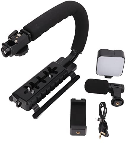 Telefon-Gimbal-Stabilisator, Hand-Videokamera-Stabilisator, Tragbarer U-förmiger Kamera-Stabilisator mit LED-Licht-Mikrofon für Spiegelreflexkamera, Handy, Digitalkamera,