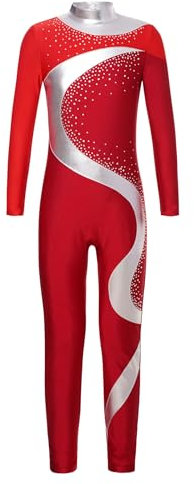 Miaeowve Voltigieranzug Ganzkörper Kinder Mädchen Langarm Gymnastikanzug Strass Glitzer Ballettbody Metallic Patchwork Tanztrikot Wettbewerb Tanzkleidung Rot&Burgund 158-164