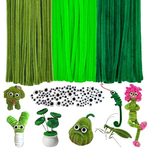 LLMtn 300 Stück Pfeifenputzer Bunt zum Basteln,100 selbstklebende Wackelaugen, Pipe Cleaner (3 Grün + Augen)