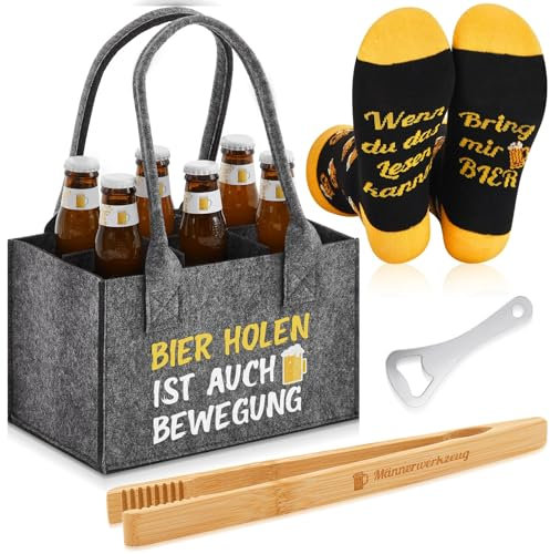SATINIOR 4 Stück Bier Tasche Männer Geburtstag Geschenk 24 cm Extra Dickem Filz Flaschentasche 6 Fächern Lustig Bier Socken Flaschenöffner Grillzange für Freund(Bier Holen ist auch Bewegung)