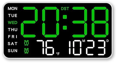 DUOBAGMA Sprachsteuerung Wecker LED Digital Uhren Temp Datum Woche Anzeige Wanduhr 12/24H DST Helligkeitseinstellung 2-Alarms Uhren