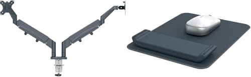 Leitz Ergo Set platzsparender Monitor-Arm + Mauspad mit Verstellbarer Handgelenkauflage, Halterung für 2 Monitore bis 32 Zoll & 9 kg, VESA 75/100, Flexibel höhenverstellbar, 65370089 + 65170089