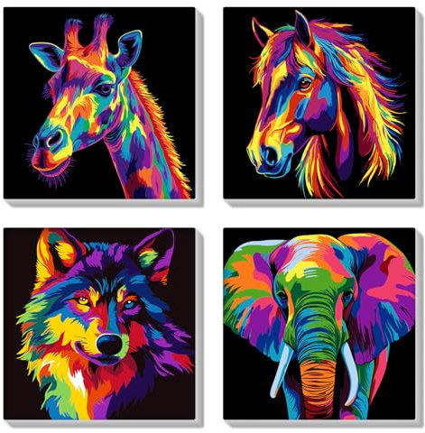 HEIBAGO Encadré Paint by Numbers pour Adultes, 4 Pack Animaux Colorés Kits de Peinture par Numéros pour Débutants, DIY Girafe Peinture à l'huile par Numéros pour la Décoration, 8×8 inch