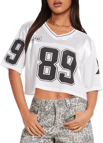 Navneet Crop Tops Damen Oversize Tshirt Sport Bauchfreies Oberteil Kurzarm Mesh Jersey Locker Basic Sommer Y2k Sport Gym Weiß S