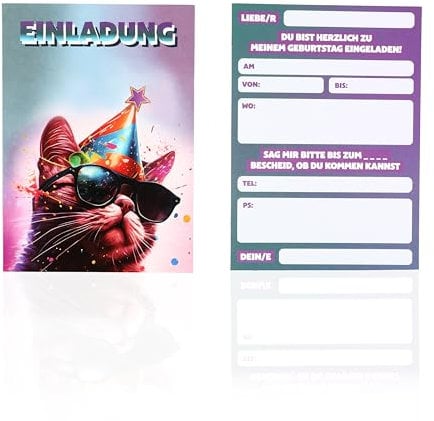 CraftWerk Katzen Einladungskarten 12er Set - Witzige Geburtstagseinladung für Mädchen und Jungen zum Kindergeburtstag, Geburtstagsfeier und Party - 14,8 x 10,5 cm