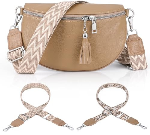 Gerbala Bauchtasche Damen Leder, Kleine Damen Umhängetaschen, Leder Handy Umhängetasche Echtes Crossbody Bag mit 2 Breitem Schultergurt Kartenhalter für Reisen Einkaufen Arbeiten (Khaki)