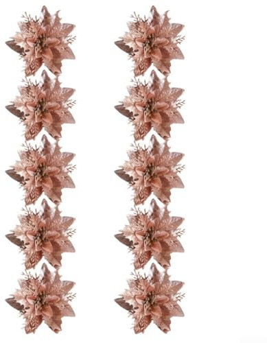 Set mit 10 dekorativen Glitzer-Blumen für Weihnachtskränze und Weihnachtsbäume (Roségold)