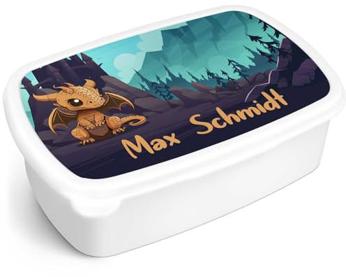 GRAVURZEILE Bedruckte Lunchbox - Drachen - Personalisiert mit Namen - Brotdose für Kinder - Individuell bedruckt mit Wunschmotiv - Platzsparend stapelbar - Perfekt für Schule & Kita - Farbe: Weiß
